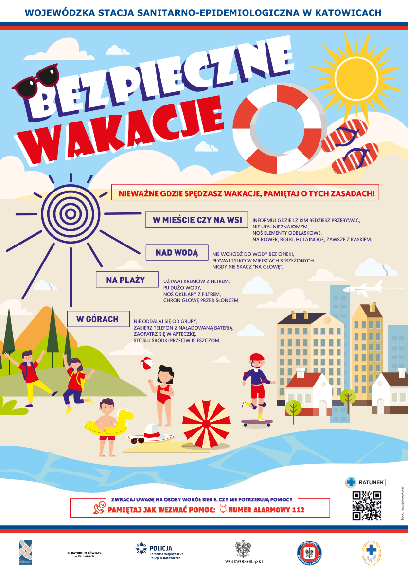 Plakat ze strony https://www.gov.pl/web/psse-rybnik/bezpieczne-wakacje-2024