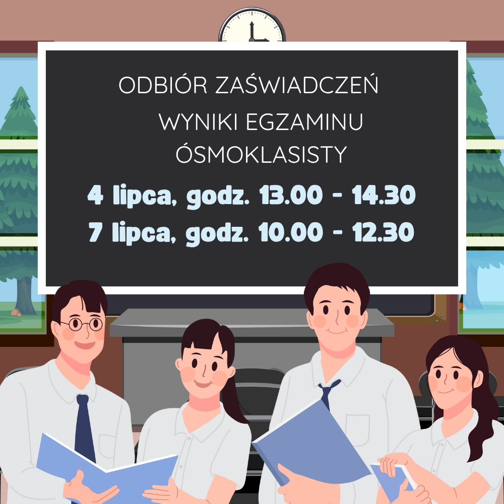 uczniowie z dyplomami na tle tablicy z informacją o dniu i godzinie odbioru