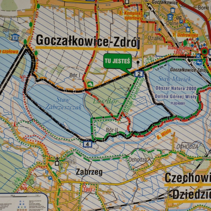 Mapa trasy wokół stawów i przejście wzdłuż zapory powrót do Goczałkowic Zdroju 16km