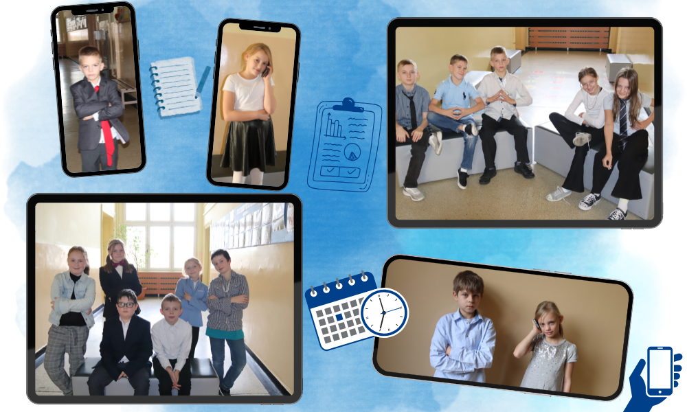 Zdjęcia uczniów z różnych klas w dniu biznesmena ubranych w biznesowe stroje wg uczniów