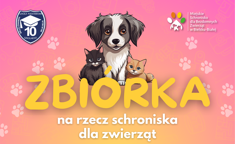 Baner informujący o szkolnej akcji zbiórki darów dla zwierząt ze schroniska