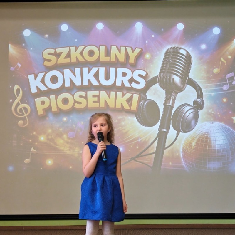 dziecko śpiewające na tle baneru szkolny konkurs piosenki