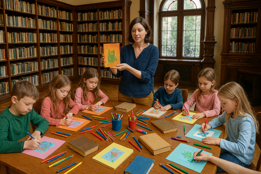 dzieci w bibliotece tworzą okładki do książek - obraz AI