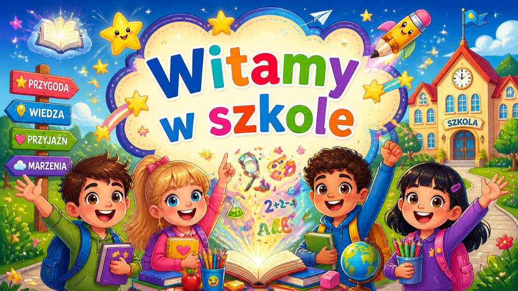 obrazek animowany dzieci radosne z plecakami, wygenerowany przez AI