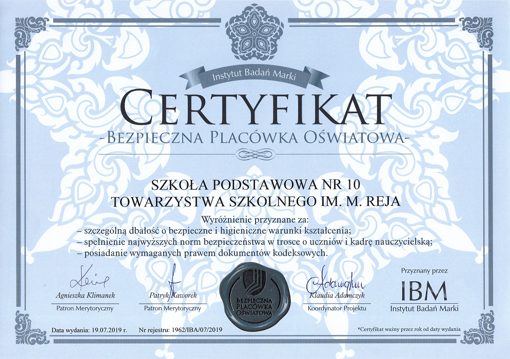 zdjecie:Certyfikat Bezpieczna Placówka Oświatowa